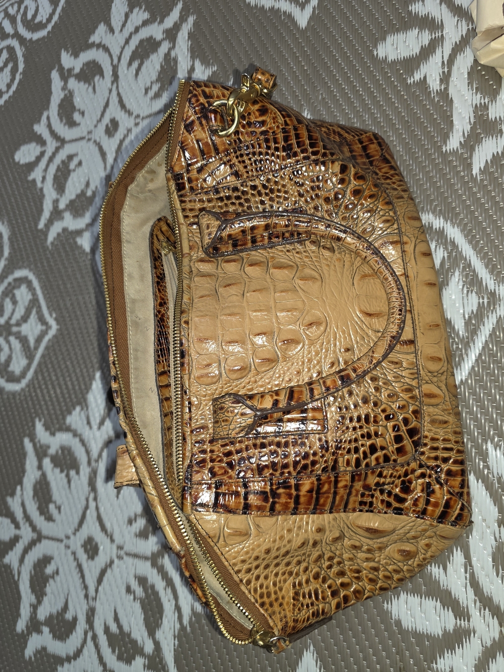 Brahmin Croc-Embossed Caramel and Dark Brown Satchel
